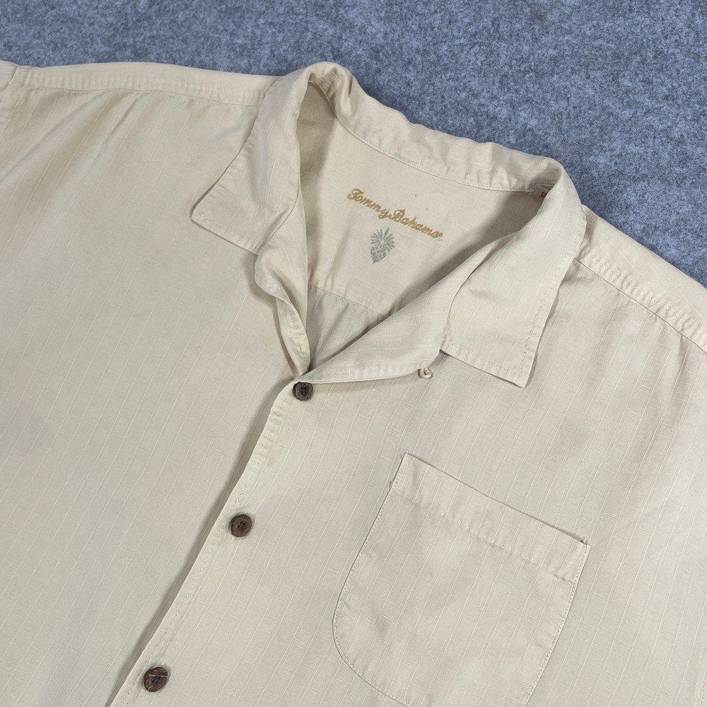 Tommy Bahama Mens Button Down Shirt XXL Beige 100% Silk Jacquard Stripe Camp